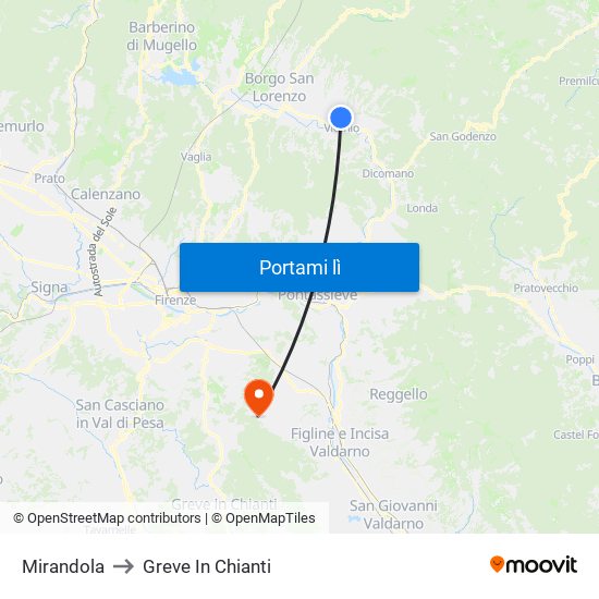 Mirandola to Greve In Chianti map