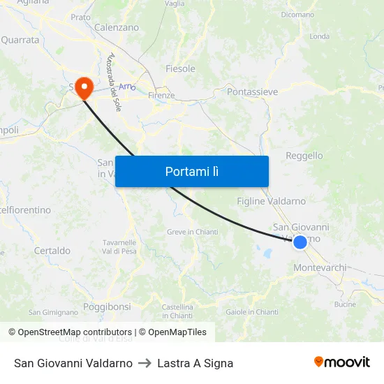 San Giovanni Valdarno to Lastra A Signa map