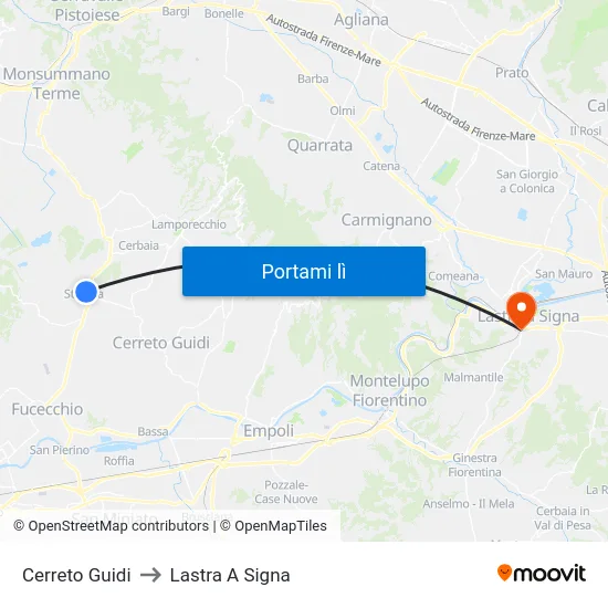 Cerreto Guidi to Lastra A Signa map