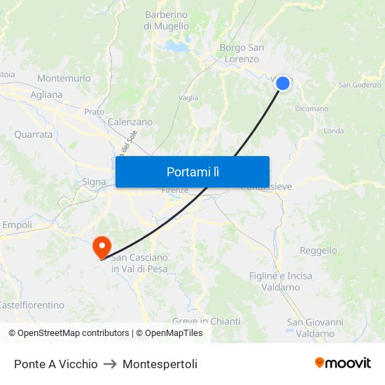 Ponte A Vicchio to Montespertoli map