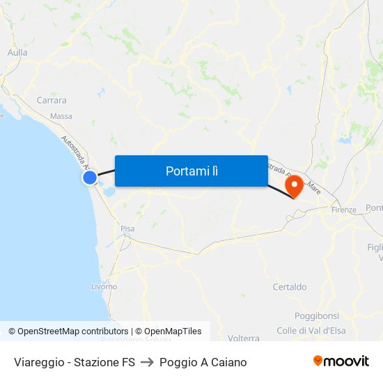 Viareggio Stazione FS to Poggio A Caiano map