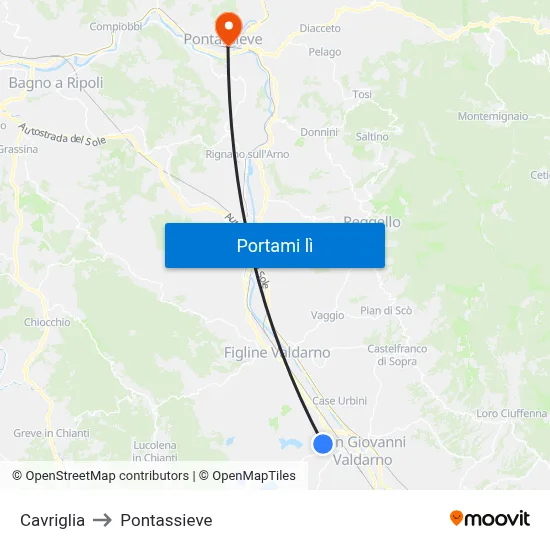 Cavriglia to Pontassieve map