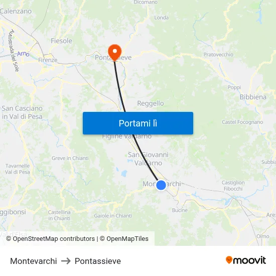 Montevarchi to Pontassieve map