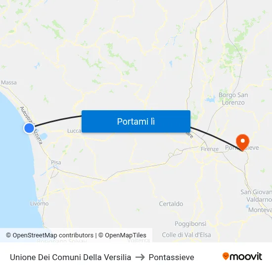 Unione Dei Comuni Della Versilia to Pontassieve map