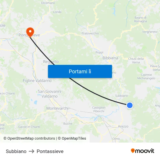 Subbiano to Pontassieve map
