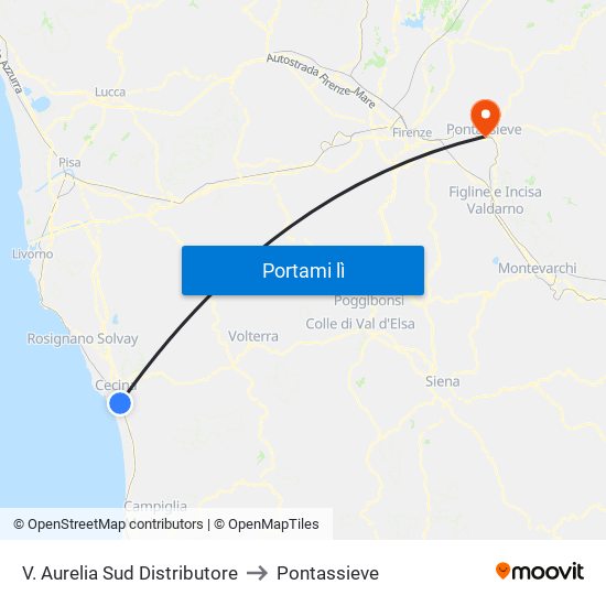 V. Aurelia Sud Distributore to Pontassieve map