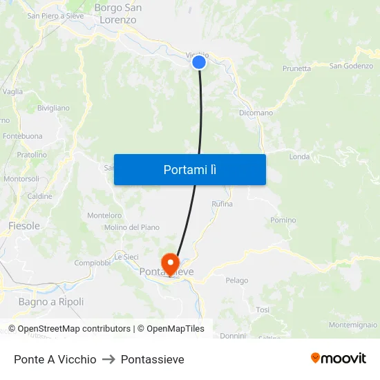 Ponte A Vicchio to Pontassieve map