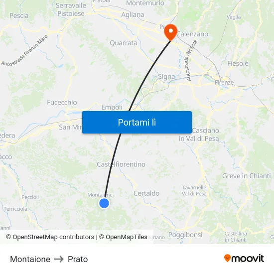Montaione to Prato map
