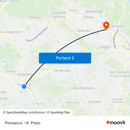 Ponsacco to Prato map