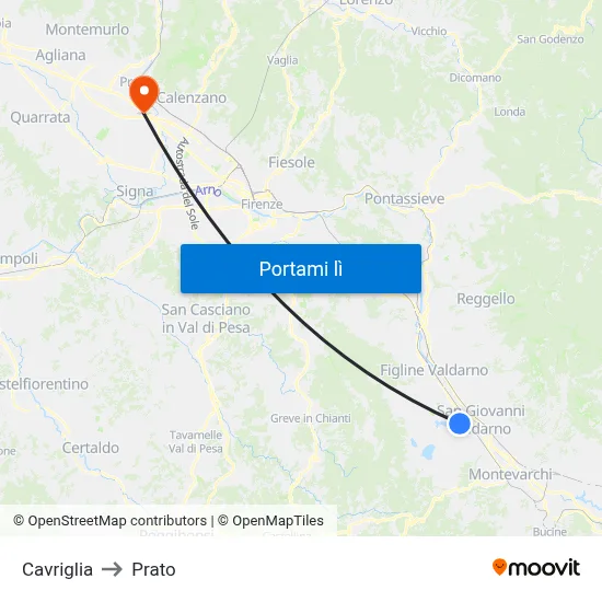 Cavriglia to Prato map