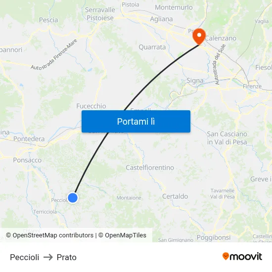 Peccioli to Prato map
