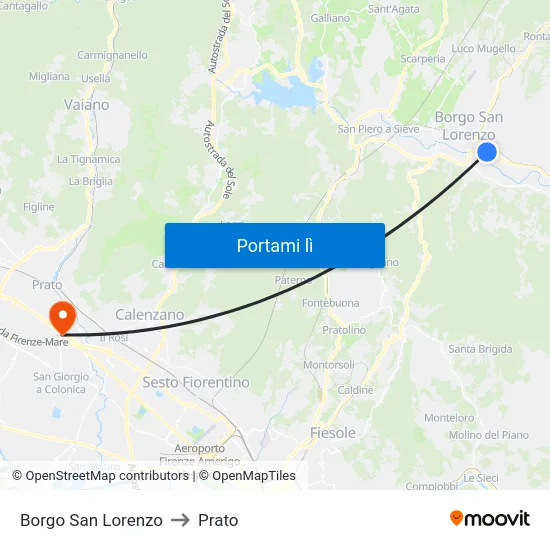 Borgo San Lorenzo to Prato map