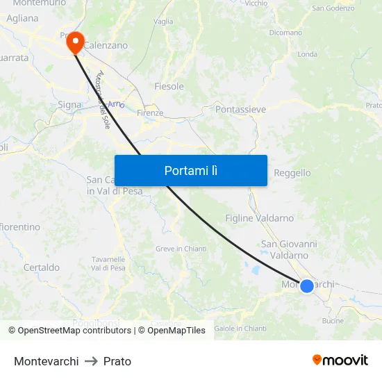 Montevarchi to Prato map
