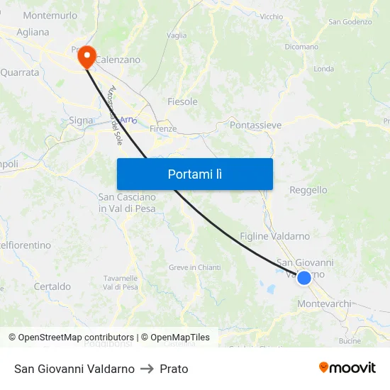 San Giovanni Valdarno to Prato map