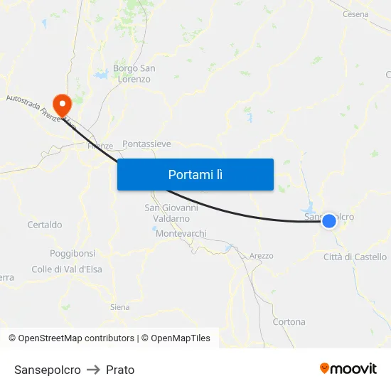 Sansepolcro to Prato map