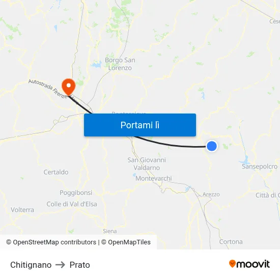 Chitignano to Prato map