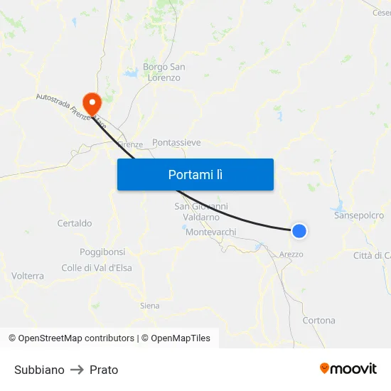 Subbiano to Prato map