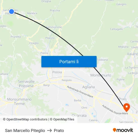 San Marcello Piteglio to Prato map