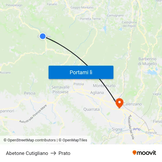 Abetone Cutigliano to Prato map