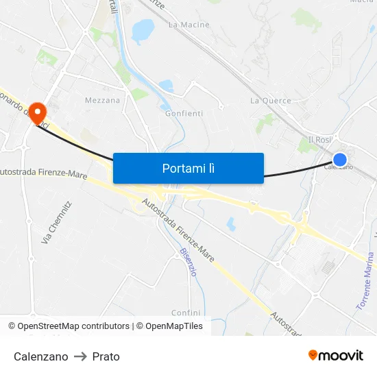 Calenzano to Prato map