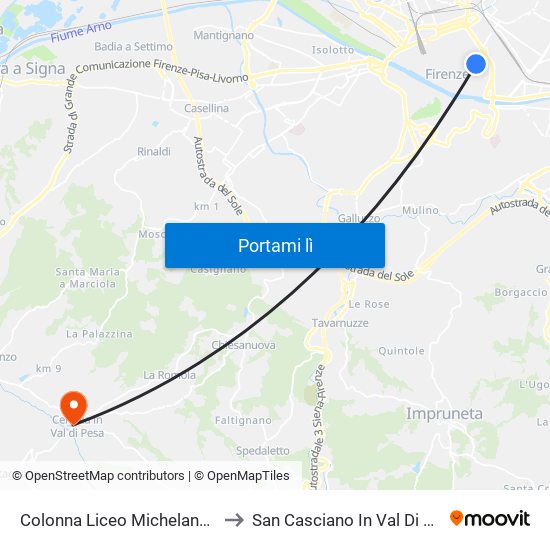 Colonna Liceo Michelangiolo to San Casciano In Val Di Pesa map