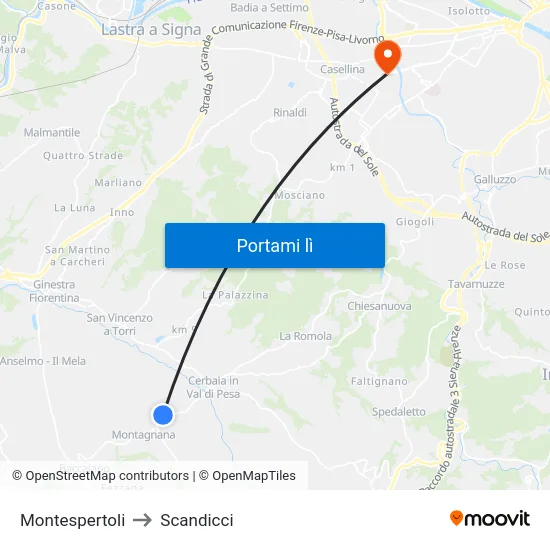 Montespertoli to Scandicci map
