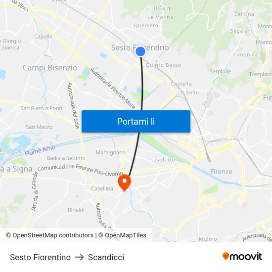 Sesto Fiorentino to Scandicci map