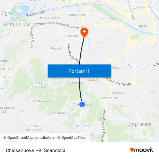 Chiesanuova to Scandicci map