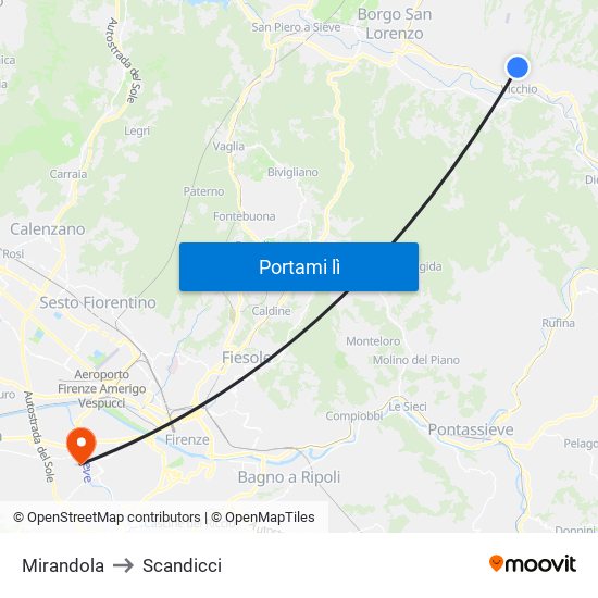 Mirandola to Scandicci map