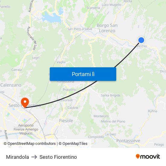 Mirandola to Sesto Fiorentino map