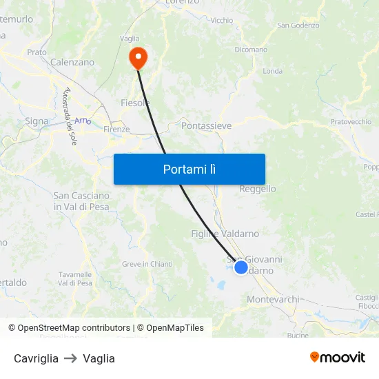 Cavriglia to Vaglia map