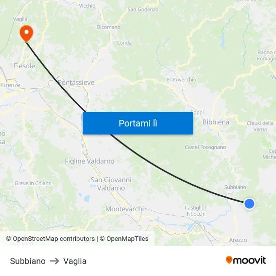 Subbiano to Vaglia map