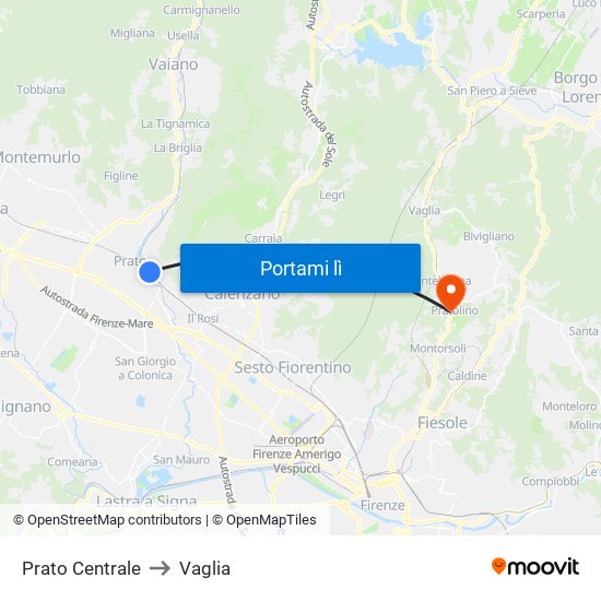 Prato Centrale to Vaglia map