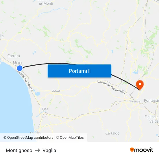 Montignoso to Vaglia map