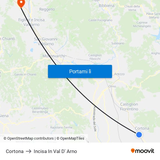 Cortona to Incisa In Val D' Arno map