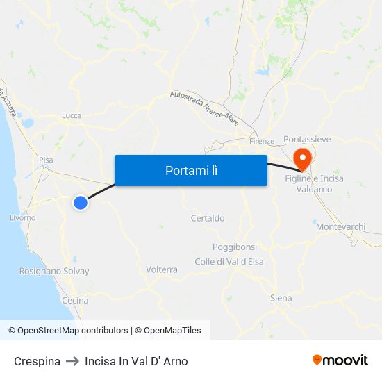 Crespina to Incisa In Val D' Arno map