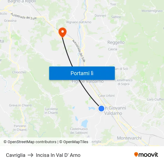 Cavriglia to Incisa In Val D' Arno map