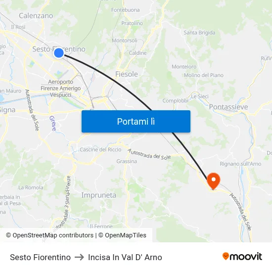 Sesto Fiorentino to Incisa In Val D' Arno map
