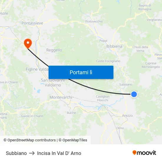 Subbiano to Incisa In Val D' Arno map