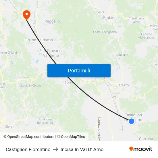 Castiglion Fiorentino to Incisa In Val D' Arno map