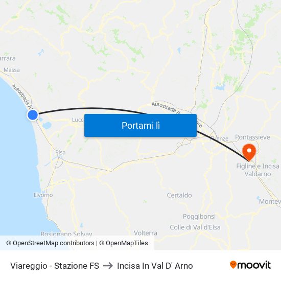 Viareggio Stazione FS to Incisa In Val D' Arno map