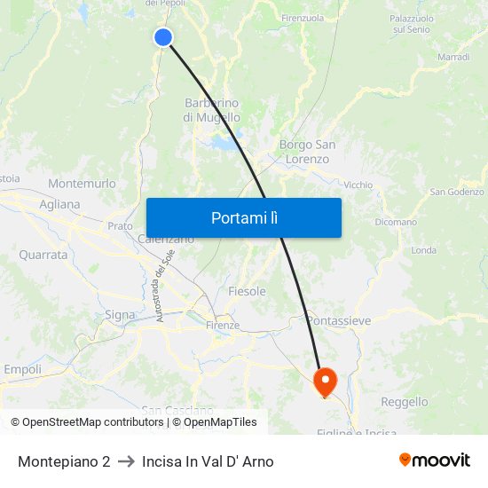 Montepiano 2 to Incisa In Val D' Arno map