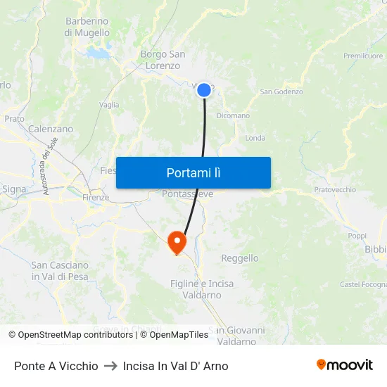 Ponte A Vicchio to Incisa In Val D' Arno map