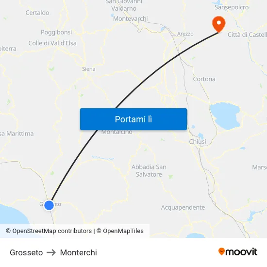 Grosseto to Monterchi map