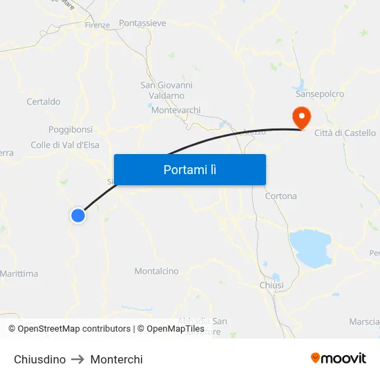 Chiusdino to Monterchi map