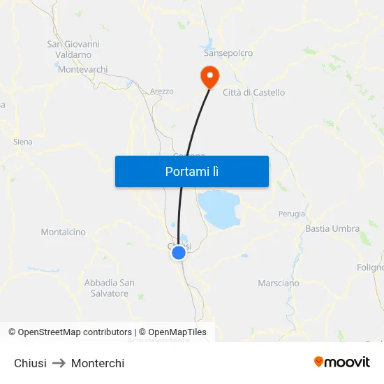 Chiusi to Monterchi map