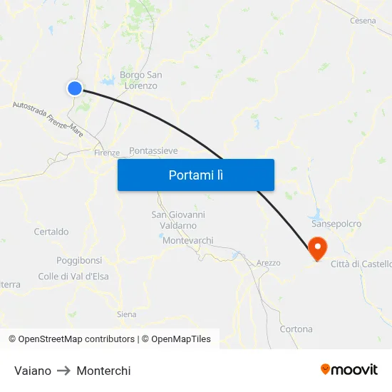 Vaiano to Monterchi map