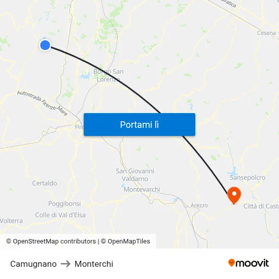 Camugnano to Monterchi map