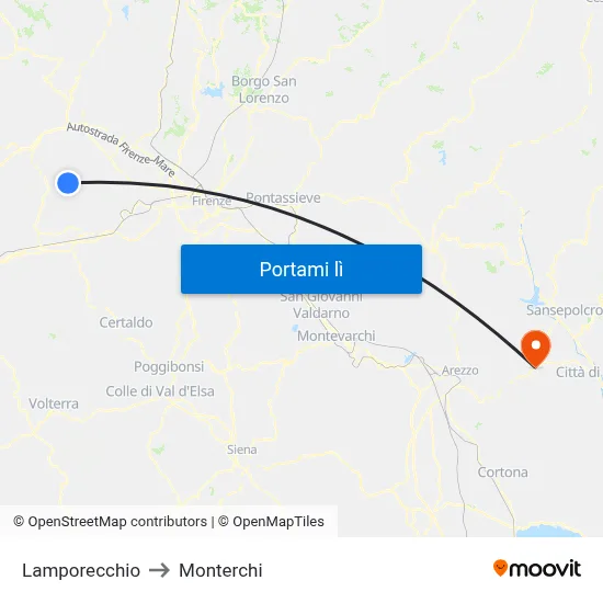Lamporecchio to Monterchi map