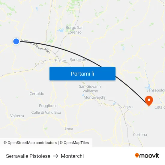Serravalle Pistoiese to Monterchi map